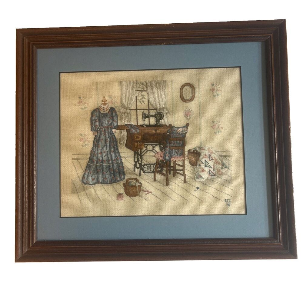 Paula Vaughan Completed Cross Stitch Upstairs Sewing Room Framed Matted 1987